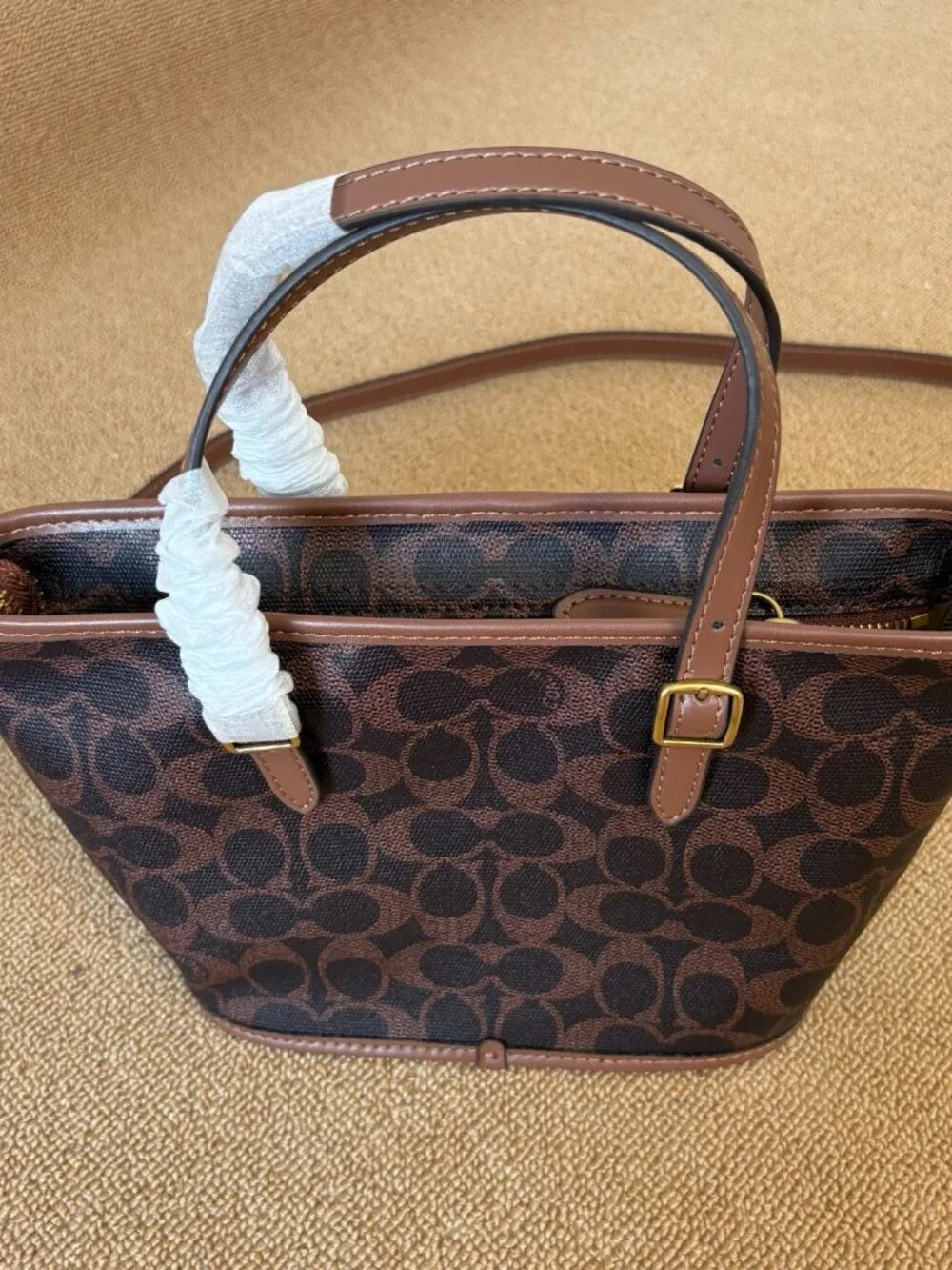 🤎Coach Brown Signature Mini Bucket Tote Adjustable Handle Crossbody Purse